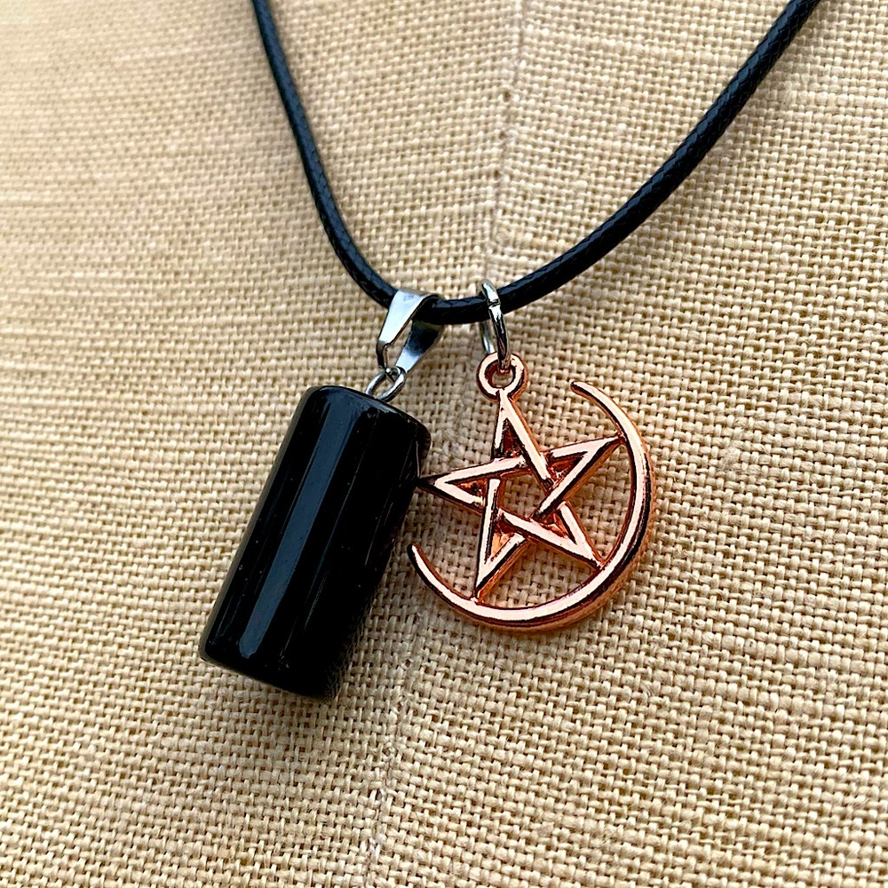 Handmade Obsidian Stone Amulet with Pentagram Star and Moon Charm